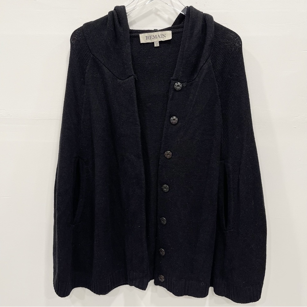 Remain Extrasoft Wool Snap Button Front Knit Ponco Sweater Hooded Black M